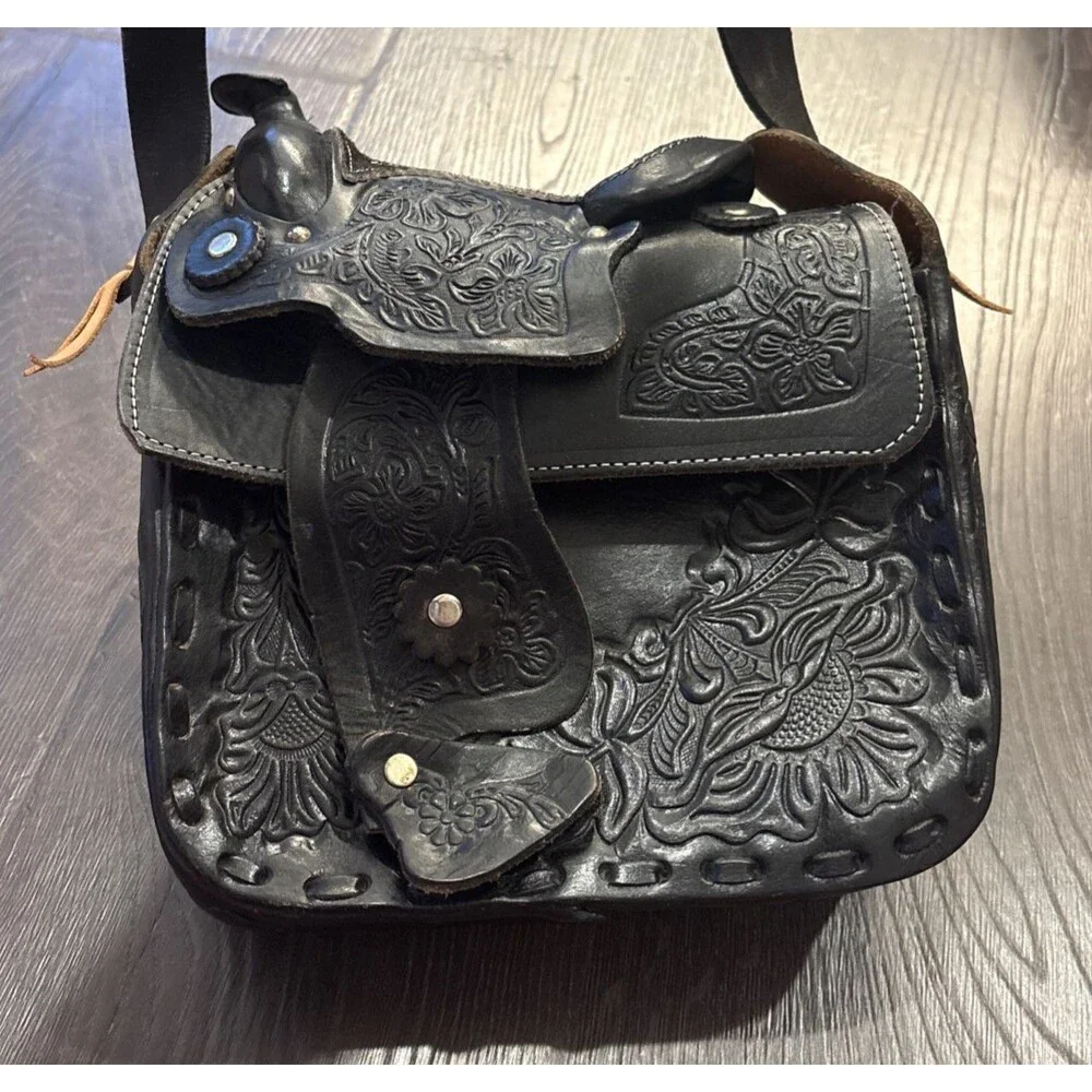 VTG Saddle Shearling Shoulder Bag Hand Crafted Tooled Leather